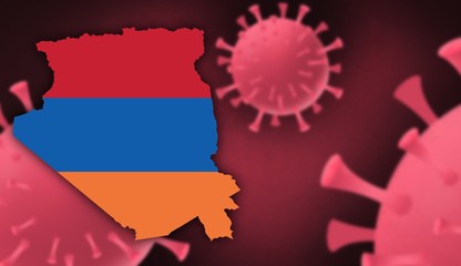 Armenia  map with flag pattern on  corona virus update on corona virus background, space for add text,information,report new case,total deaths,new deaths,serious critical,active cases