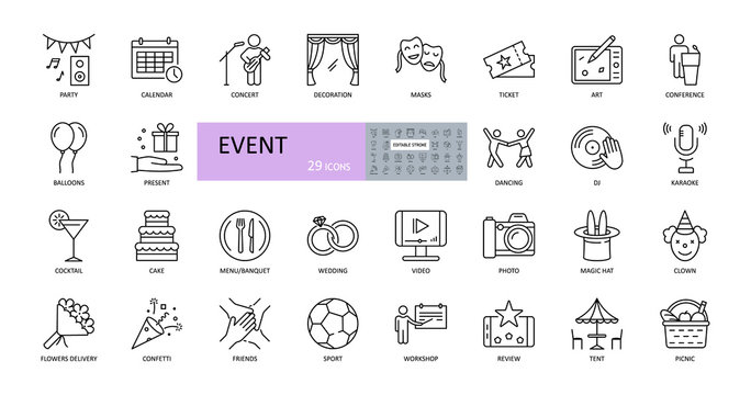 Event vector icons. Editable Stroke. Entertainment, party concert scenery, music video, wedding gifts, dancing, DJ. Food drinks, flowers, sport tickets, picnic tent