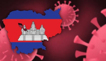 Cambodia map with flag pattern on  corona virus update on corona virus background, space for add text,information,report new case,total deaths,new deaths,serious critical,active cases