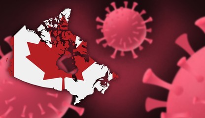 Canada map with flag pattern on  corona virus update on corona virus background, space for add text,information,report new case,total deaths,new deaths,serious critical,active cases