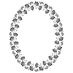Paw print and grooming comb oval vector frame