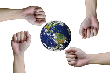 Group of hand and fist.There is a globe in the middle. on white background,success and winning concept.