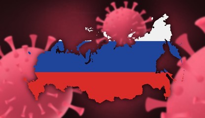 Russia  map with flag pattern on  corona virus update on corona virus background, space for add text,information,report new case,total deaths,new deaths,serious critical,active cases