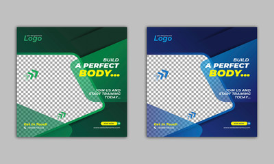 Gym and fitness square banner template for social media post, web banner and flyer