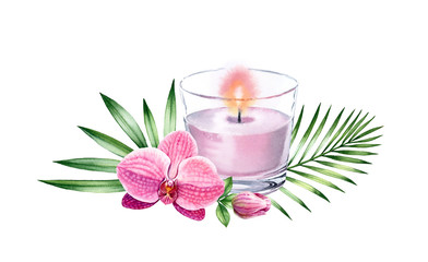 Watercolor candle arrangement. Pink orchid flower and tropical leaves. Pink glass painting. Spa and cosmetic products isolated on white background. Realistic hand drawn illustration