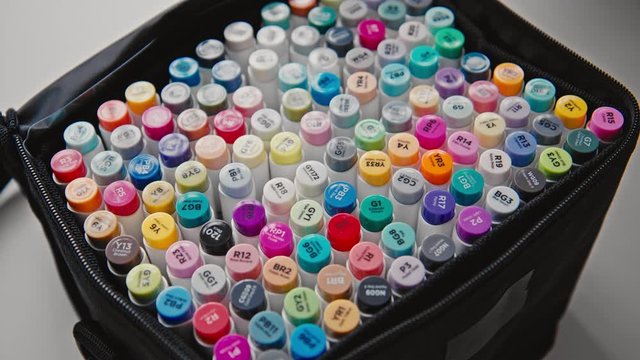 Marker set for kids adults coloring, Alcohol-Based sketch drawing markers. Professional stationery tools of illustrator or graphic designer. Creativity boost for artists