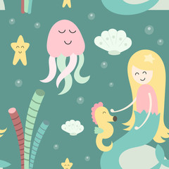 Little mermaid seamless pattern with cute mermaids, seahorse, jellyfish and underwater plants. Sea magic background. Vector Illustration. Great for wallpaper, baby clothes, greeting card, wrapping pap