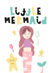 Little Princess poster for nursery with cute mermaid and starfish. Vector Illustration. Kids illustration for baby clothes, greeting card, wrapping paper. Lettering Little Mermaid.