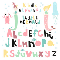 Kids alphabet for inscriptions in childish design. Cartoon Hand drawn graphic font. For typography poster, greeting card, banner. Mermaids ABC. Vector illustration isolated on white background.