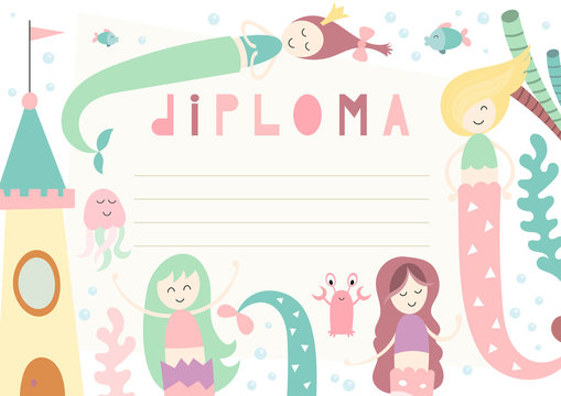 Diploma template with beautiful little mermaids, funny underwater animals, underwater house and fishes in doodle cartoon style, certificate background for school, preschool, kindergarten. Vector illus