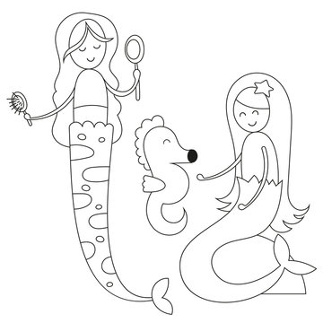 Coloring page for kids. Marine life - cute mermaid princess and seahorse. Vector illustration. Funny coloring book for kids.