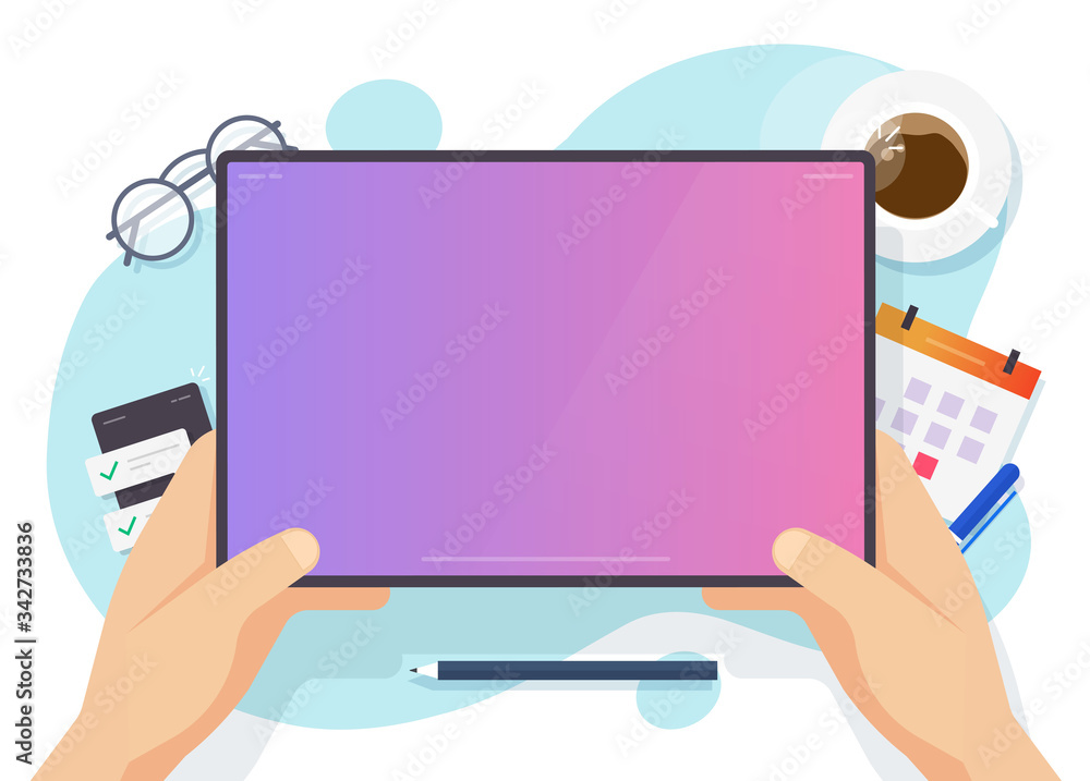 Poster digital tablet computer blank empty screen for copy space text on working desk table or empty displa