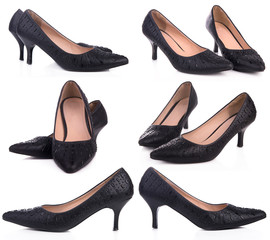 Set Women's black high heel shoes isolated on a white background
