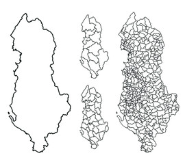 Albania outline map vector with administrative borders, regions, municipalities, departments in black white colors