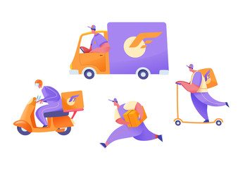 Vector flat delivery courier cargo van scooter set
