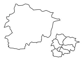 Andorra outline map vector with administrative borders, regions, municipalities, departments in black white colors
