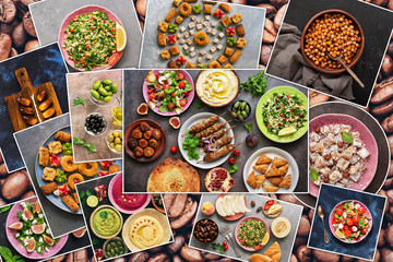 Collage of various traditional Arabic and Middle Eastern food. Collection of photos with Arab dishes. View from above.