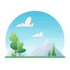 Fototapeta premium Sunny day landscape illustration in flat style with mountains, forest and clouds.