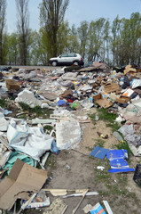 Spring landscape.Ecology of Ukraine. Nature near Ukrainian capital. Environmental contamination. Illegal junk dump.  Kiev,Ukraine