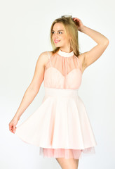 Fototapeta premium Flirty mode on. Clothes that smile. Tender woman in cute dress. Adorable blonde. Pretty girl. Fashion and beauty. Femininity and tenderness. Lovely girl wear fancy dress. Great taste in clothes