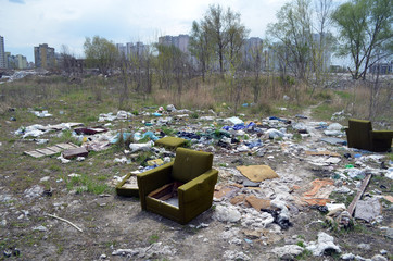 Spring landscape.Ecology of Ukraine. Nature near Ukrainian capital. Environmental contamination. Illegal junk dump.  Kiev,Ukraine