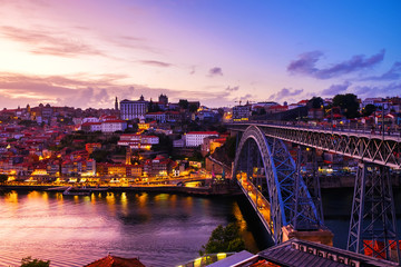 Aerial view of Ribeira area in Porto, Portugal during a sunset