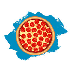 Hot pizza pepperoni top view on brush paint stain background. Flat tasty traditional italian fast food logo. Vector illustration for web, advert, menu