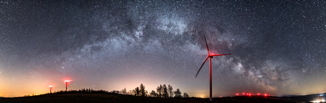 Droga Mleczna, Milky Way , Gwiazdy, Farma Wiatrowa nocą, noc, gwieździsta noc, n&oacute;w,