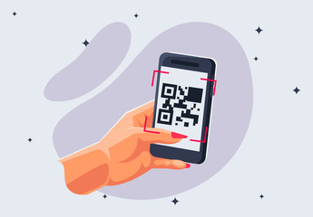 Vector illustration hand holding phone to scan qr code on smartphone screen display