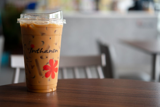 Bangkok, Thailand - April 25, 2020: Iced Espresso coffee in take away glass at Inthanin coffee.