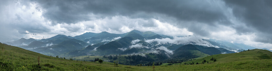 Carpathian mountain range panorama. Alpine landscape of western Ukraine