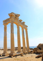 Fototapeta premium The ruins of the Temples of Apollo and Athens in Side. The second century AD. The famous architectural monument of Side, Turkey.