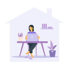 Work from home in virus outbreak, social distancing company allow employee work at home to prevent virus infection.. Woman with houseplant, laptop, desk,. Vector for web banner, landing page