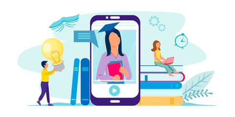 Online education concept. E-learning vector illustration.  Teacher on the smartphone screen, video tutorial, books, students.