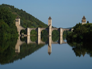 Fototapeta na wymiar View of the Gothic Valentre Bridge (14th century) . City of Cahors. France.