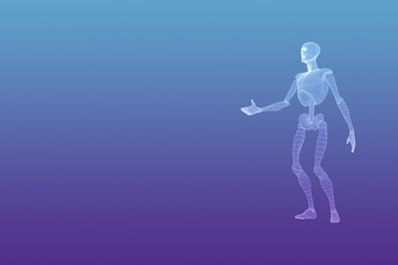 3D illustration of shaking hand mannequin of man on blu gradient. Artificial intelligence concept for humanoid figure shaking hand to empty space. Cybernetic background for cyborg sci-fi illustration
