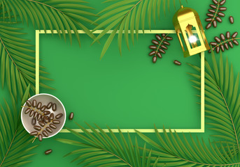 Dates fruit and leaves, gold lantern and frame on green background. Design creative concept of islamic celebration day ramadan kareem, iftar, or eid al fitr adha, copy space text, 3D illustration.