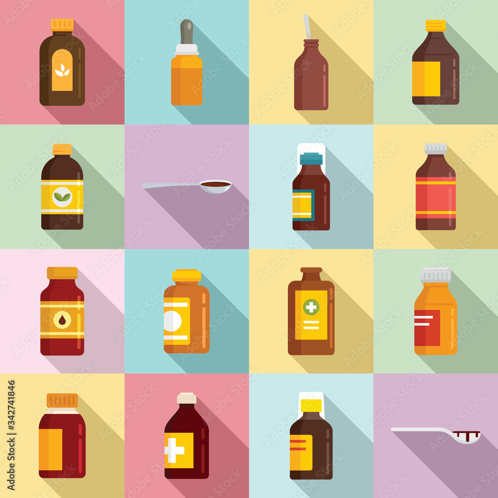 Poster cough syrup icons set. flat set of cough syrup vector icons for web design