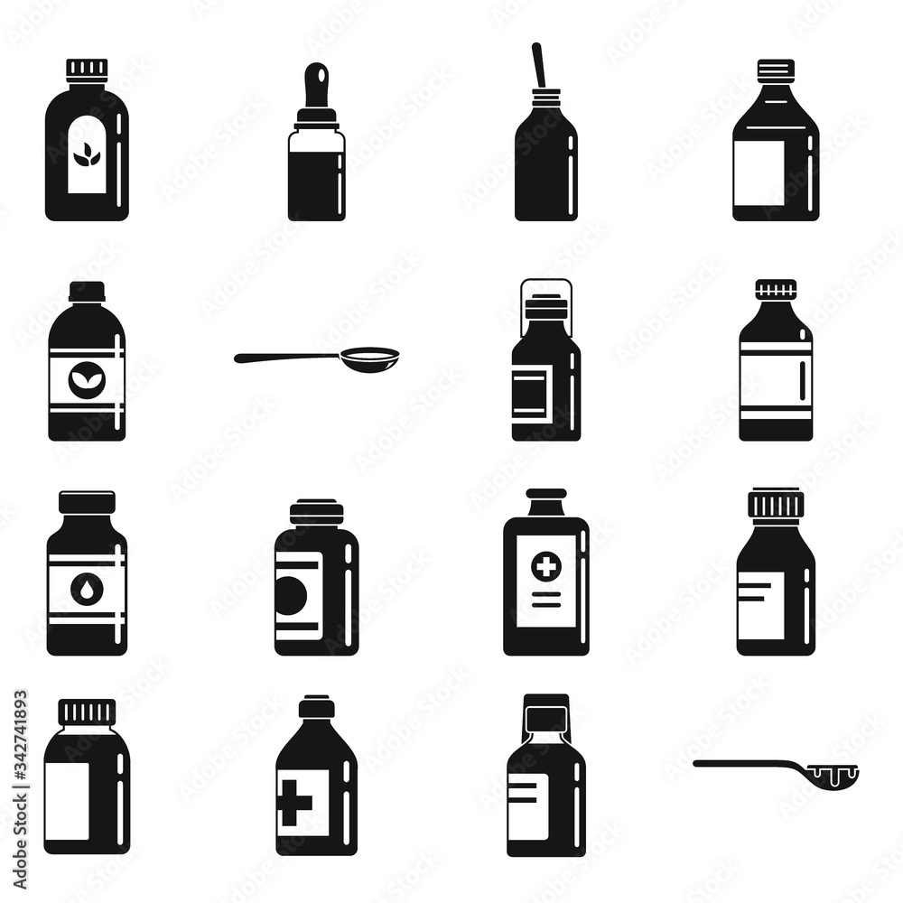 Poster cough syrup dosage icons set. simple set of cough syrup dosage vector icons for web design on white 