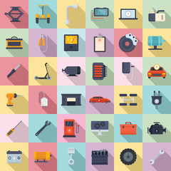 Electric vehicle repair icons set. Flat set of electric vehicle repair vector icons for web design