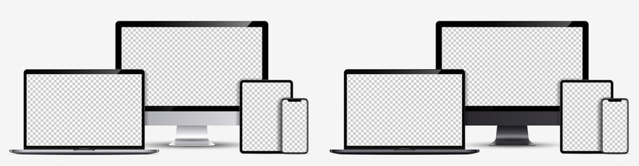 Device screens mockup. Laptop pro and thin, tablet and smartphone silver and dark gray colors with blank screens for you design. Realistic vector illustration.