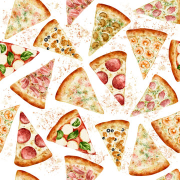 Pizza Slices Seamless Pattern, Repeat Background. Food Illustration.