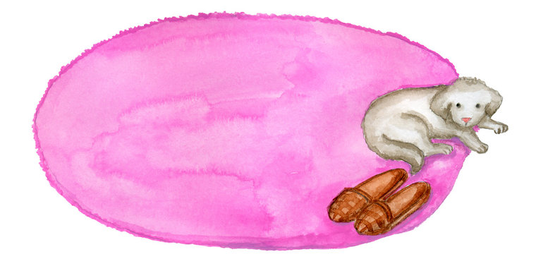 White puppy lies on the pink rug. Brown slippers. HOME PET. Watercolor hand drawn elements. Isolated on white. Pets hotel