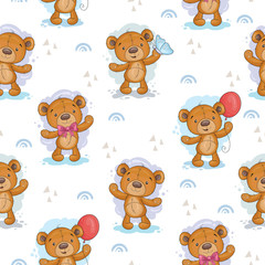 Cute seamless pattern with funny teddy bear. vector illustration