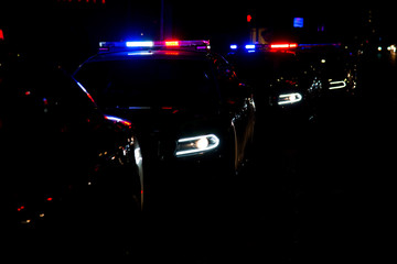 Police cars lined up on the street with their emergency lights on. (A faster shutter speed was used to darken the ambient light)