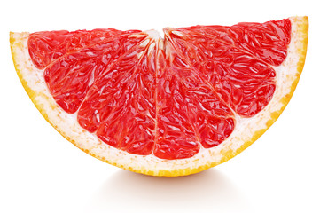 Slice of grapefruit citrus fruit isolated on white background. Grapefruit slice with clipping path. Full depth of field.