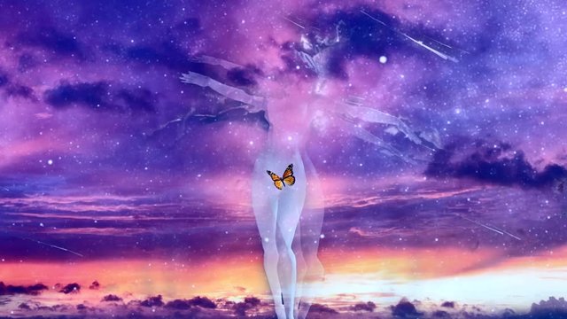 Pure Grace. Surrealism. Woman's statue made of white stone in the purple sky