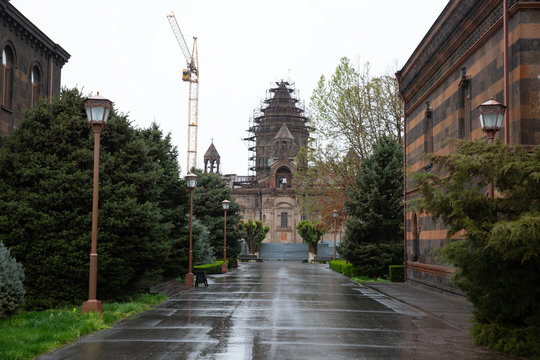 VAGHARSHAPAT, ARMENIA - April, 2020: Restoration work of the Etchmiadzin Cathedral, in Vagharshapat, Armenia
