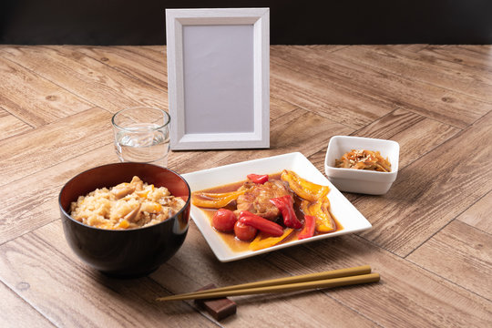 knpira burdock, Teriyaki chicken, Gomoku 