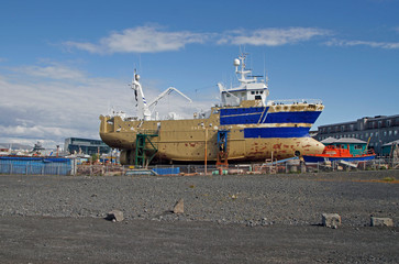 ships and shore of the bay in Reykjavik - 342747675